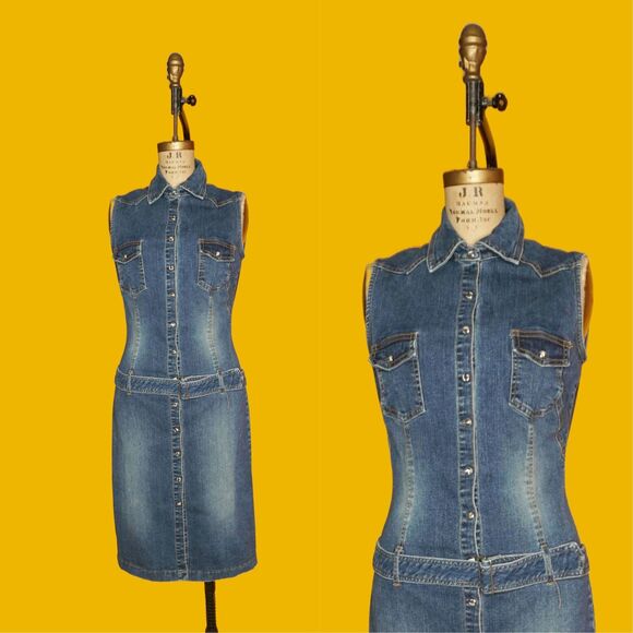 Y2K HOT KISS Denim Belted Snap Button Medium Wash Dress W/Breast Pockets. M-L - Picture 1 of 10